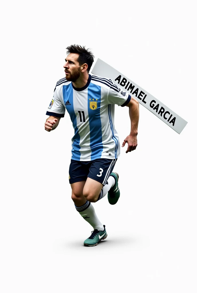 Messi running , dressed in argentina soccer uniform, with a sign that says "Abimael Garcia", white background 