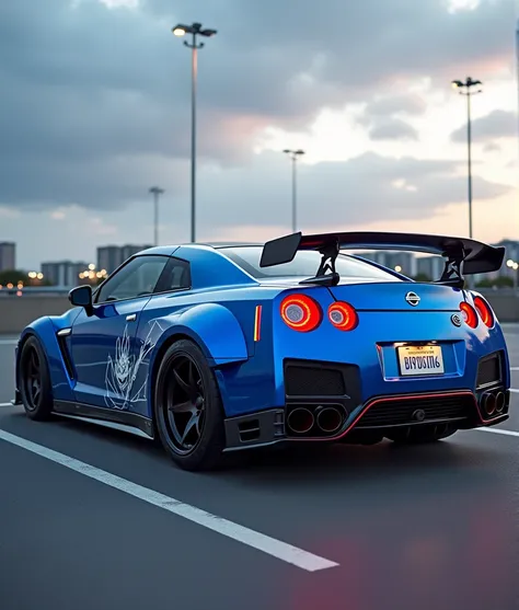 Nissan Skyline with different logo, bridgestone tyres, lights on, bayside blue, parking lot, rear quarter, bright, mechanically correct