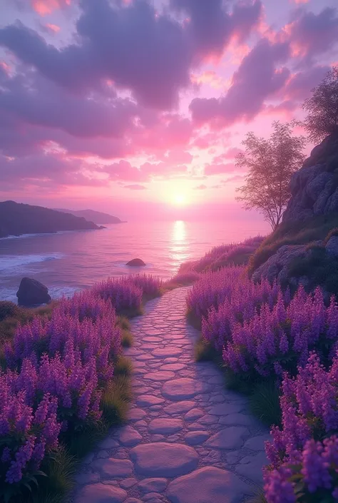 The last violet sunset with a path full of flowers reaching the sea