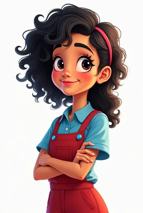 Create a Pixar Disney style cartoon of a woman with light tan skin, thin lips and smiling, Black slanted eyes with eyeliner highlighting her look, curly hair tied back in a ponytail, abundant black color. He is wearing a plain blue French shirt and a red o...