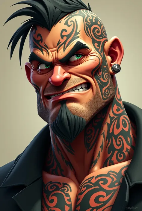 An animated style face on a tattooed gangster with a displeased look 