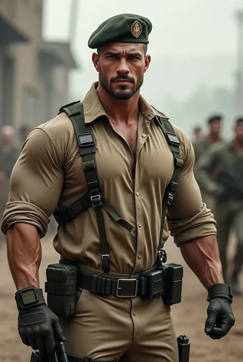 A very handsome big muscular man wearing a soldier combat uniform, with tactical gloves and beret in sand grey color, rolled up sleeves, background a battlefield, dynamic pose, alpha male, Chad, huge bulge in trousers caused by his gigantic dick