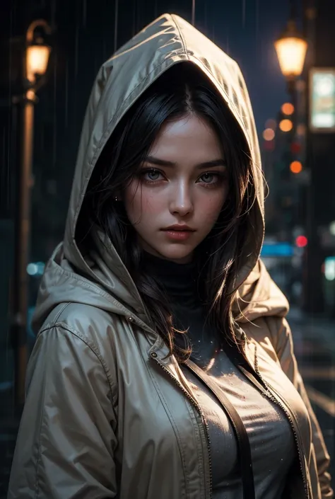 woman in hood holding futuristic sword, mysterious, Long hair, Straight hair, finely detailed clothing, During the night, a Rainy night ,Natural lighting, detailed face:1.2, sharp focus, masterpiece, Light makeup, cinematic lighting, 4k, best quality