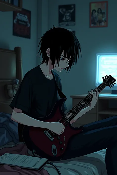 A long haired emo boy playing guitar in his room 