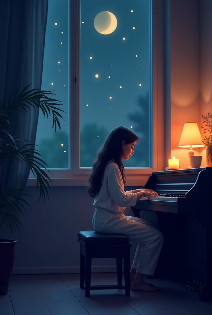 Perfect for staying up late or relaxing late at night.、Relaxing, Lo-fi Music。The music is calm and soothing、Set the tempo to slow to medium.。Gentle piano melody、Soft jazz elements、Incorporate subtle ambient sounds。The overall atmosphere is、Relax after a lo...