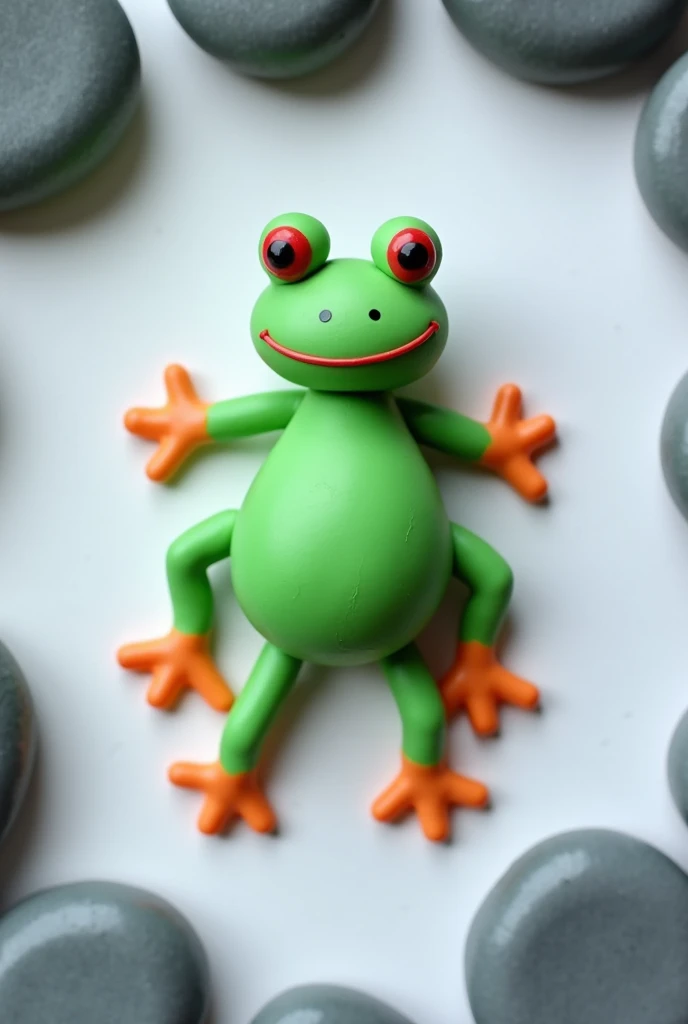 A little frog on a white sheet, not so big-eyed and fat. Made of green plasticine , red eyes, orange legs. Please don&#39;t be so perfect, since it is assumed that it was made by a primary school child, that she looks lying down, as if taking the photo fro...