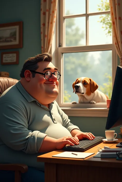 Photo of a fat man with glasses working on a computer while a dog&#39;s face looks out the window