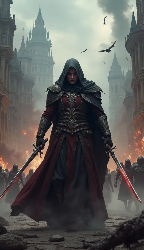 A wizard from the Witcher universe with two swords in front of a city being attacked by monsters