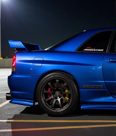 Nissan Skyline R34 clone, bridgestone tyres, lights on, bayside blue, parking lot, rear quarter, bright, mechanically correct, make small changes to the bodywork, custom lights