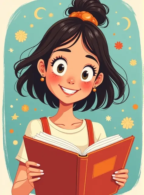 Cute gal funny illustration style holding a book