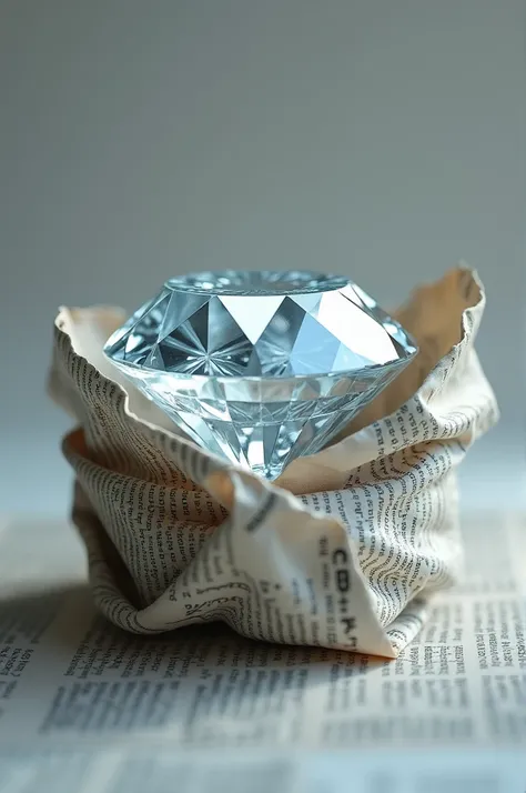 create a realistic image of a diamond wrapped in newspaper