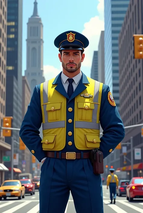 Traffic cop with small beard, arms back, uniform blue, yellow vest, guard hat, forward position.