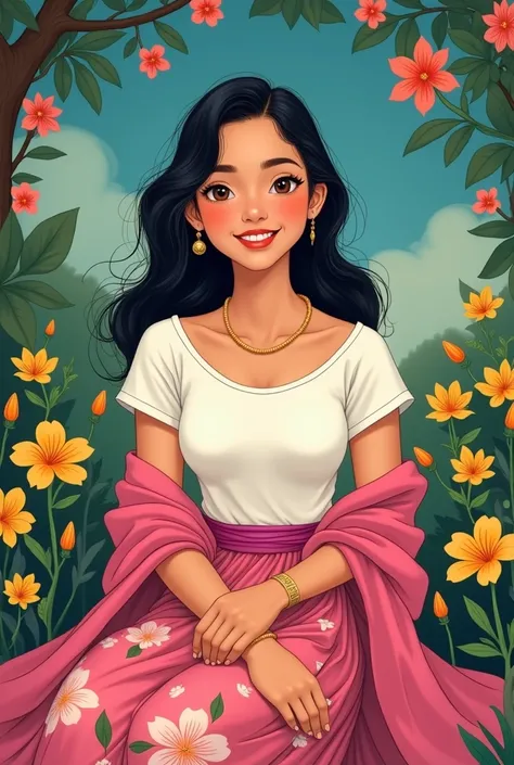 Best image quality, 1980s style animation,a 1 Myanmar girl, black medium permed hair, bright eyes, eye line, retro, traditional Burmese attire, white blouse, pink and flower- patterned sarong, a pinky shawl on her shoulder, magazine cover, whole body, sitt...