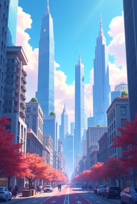 Animation, design, details, Seoul city, buildings, background em tons de azul e rosa