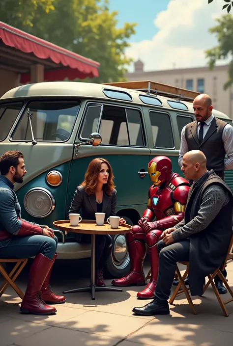 The Avengers drinking coffee next to a black kombi and a bald man with a barista hat