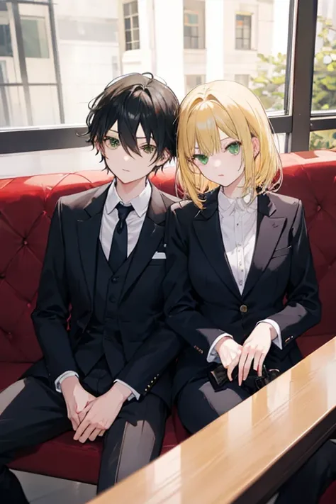 girl with blonde hair and green eyes in a suit sitting in a cafe with a boy with black hair and brown eyes sitting next to her with a gun in his hand