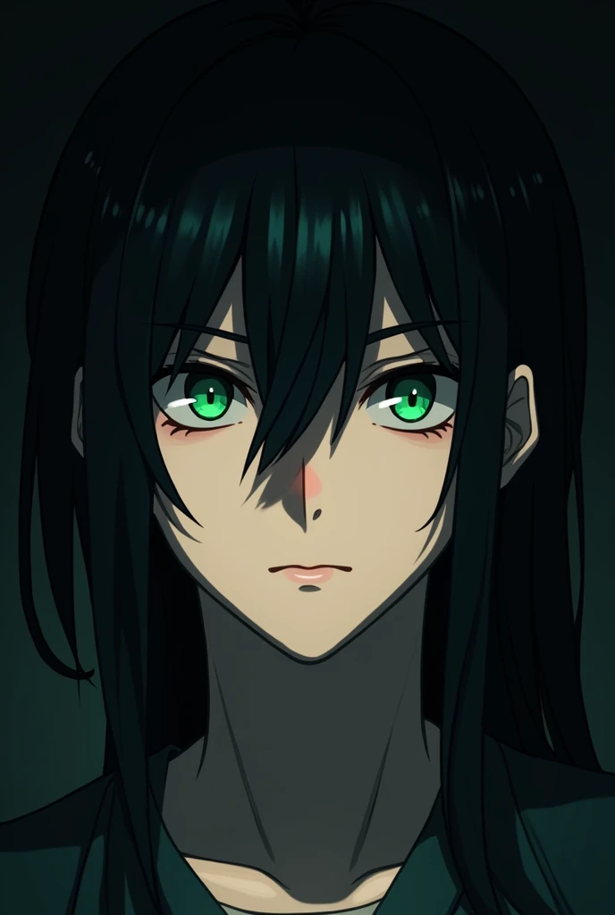 I want to create a black character with green eyes and straight hair, male, anime version.