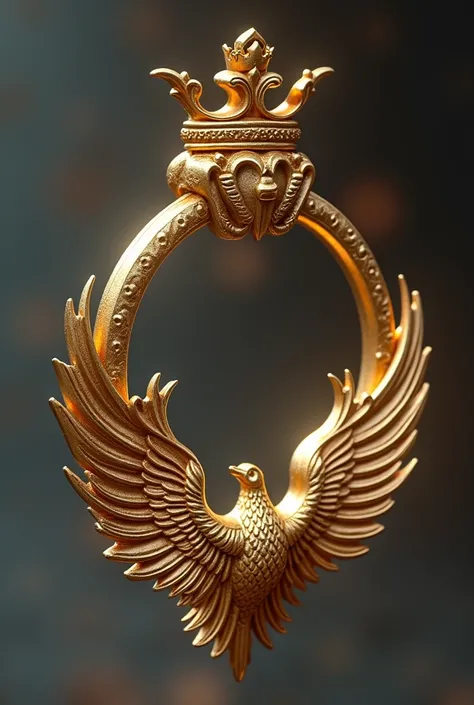 A gold hoop on the sides, phoenix wings at the bottom of the hoop, a badge with the word Mandy on top, a small princess crown