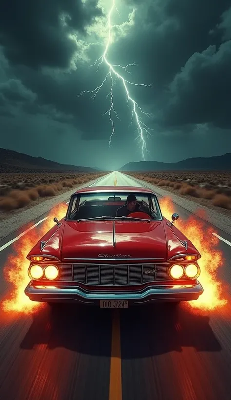 "A hyperrealistic, photograph-quality tarot card depicting The Chariot, inspired by the movie Christine (1983). The central figure is Christine, the gleaming red 1958 Plymouth Fury, surging forward with headlights blazing, symbolizing unstoppable force and...