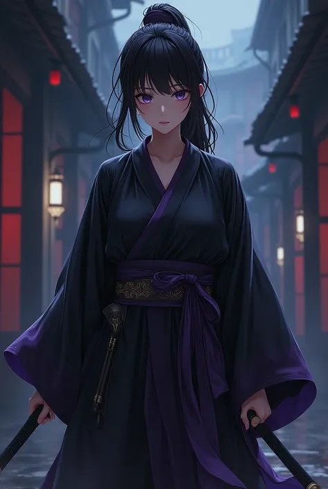 A Demon Slayer character, predominant colors purple and black, Woman, Oni Hunter, Katana at the waist, With anime features, Black kimono, More anime features