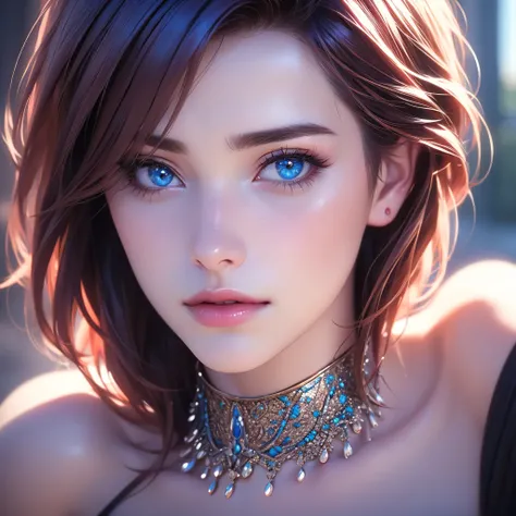 1girl, solo, blurry, realistic, depth of field, beautiful detailed lips, beautiful blue eyes, long red hair, 3d, black choker, photorealistic, beautiful detailed nose, short hair, blurry foreground, looking at viewer, beautiful detailed teeth, (best qualit...