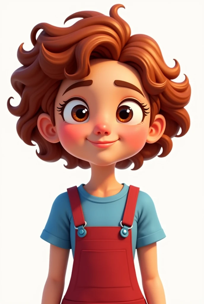 Create a Pixar Disney style cartoon of a woman with light tan skin, thin lips, small elongated slanted eyes, brave style curly hair, abundant reddish color. He is wearing a plain blue French shirt and a red overall with blue details.. The background is cle...