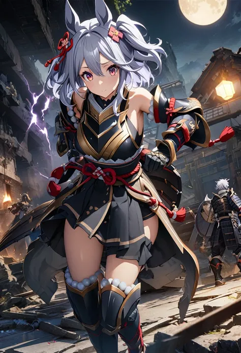 girl, , Samurai Armor, Samurai Pearl, knife、Purple lightning flashes in the background、Gray Hair、Dilapidated Ruins,(((masterpiece))),Highest quality, figure,(Beautiful detailed girl),Exposing shoulders,flat_CHST,Diamonds and sparkling eyes,Beautiful and de...