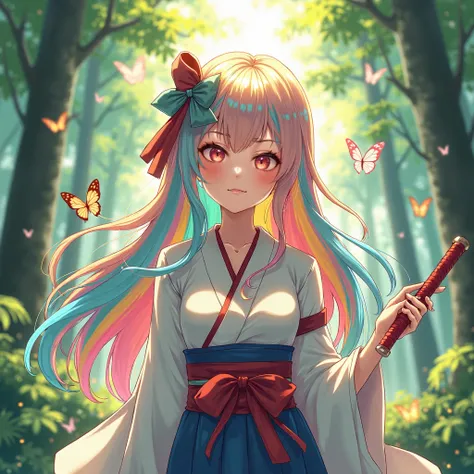 anime style. fantasy. woman of approximately 2 . wearing a kimono like a swordswoman. long hair and the color of her hair has the seven colors of the rainbow. very kind and with a sweet smile. your hair is very neat and beautiful. She has a bow on the left...