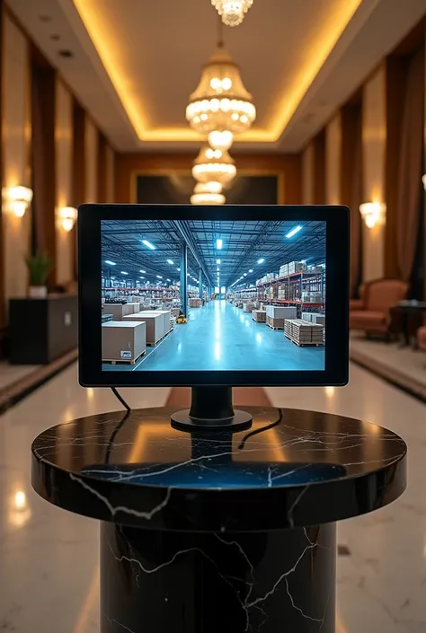 A security camera screens showing a warehouse in a pomputer one on top of a black marble table in the lobby of a hotel 