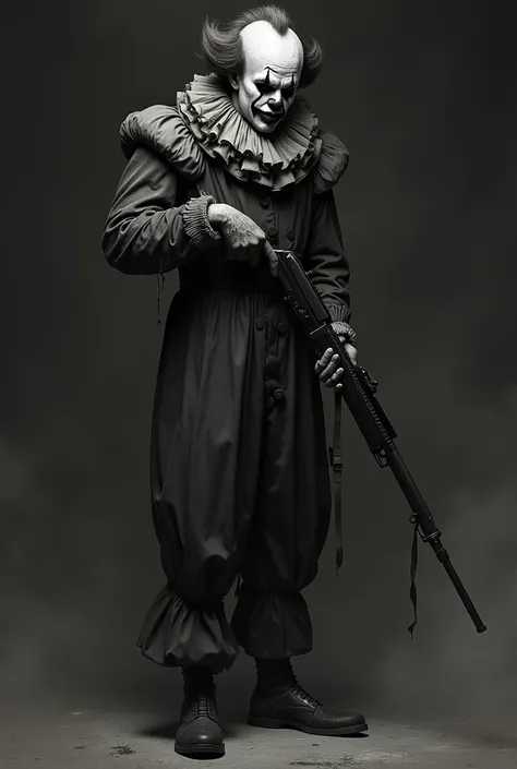 Create a sad black and white clown with rifle 
