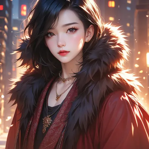 1girl, solo, black hair, necklace, realistic, jewelry, fur trim, short hair, lips, looking at viewer, closed mouth, shirt, red lips, coat, nose