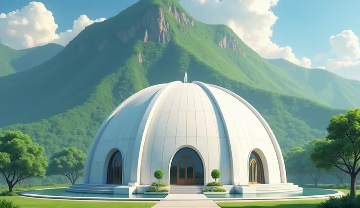 A state-of-the-art conference hall. Design a modern conference hall based on the image below. The roof of the conference hall is a dome. The hall is circular. The wall is straight. It is at the foot of a mountain with a large green forest. It has a sparkli...