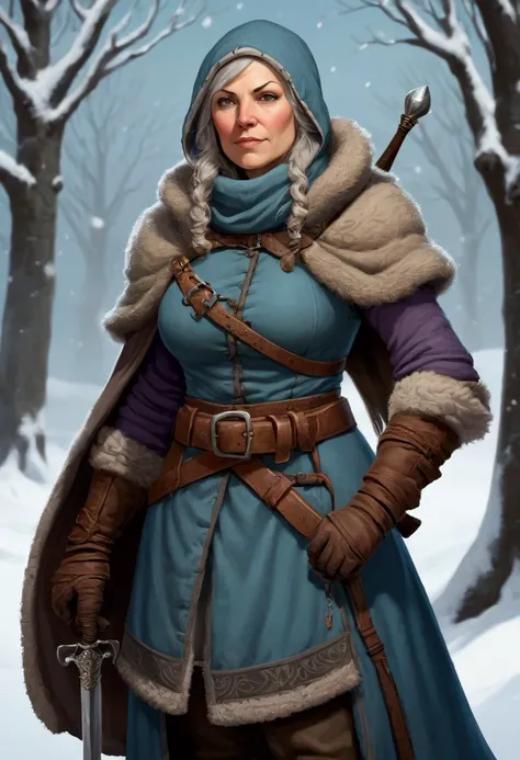 winter clothes, dnd, medieval, doughy spinster of few words, woman, retired assassin, 40 years old