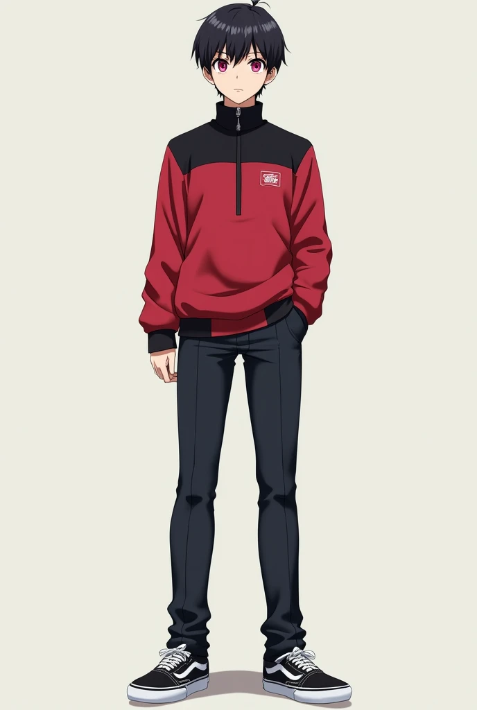 highschool long sleeve  uniform with red Chinese A Fullbody Picture Of A Really Tall Short black haired anime boy with pink eyes wearing a Gakuran collar with black pants, and vans old school shoes, cool pose, pink and white hair