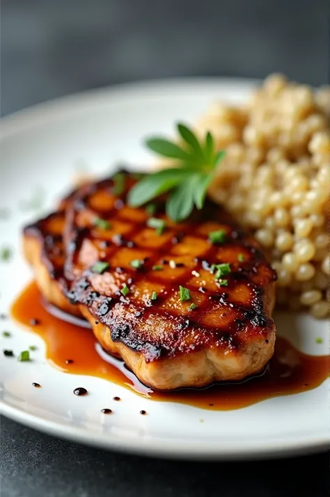 A white plate filled with Chicken steak with teriyaki sauce in a grey background 