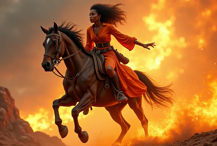  Black woman, on a flaming horse, orange adventure outfit