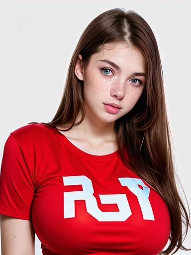 ( girl), Russian, (brown hair), blue eyes, transparent white skin, freckles on the cheeks, (full lips), round nose, thin face. realistic, long legs,He is wearing a red t-shirt, photo sexy, Back photo, (big breasts: 1.5)