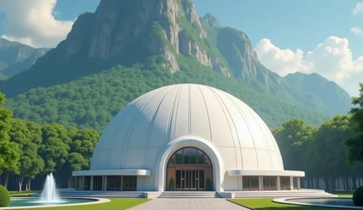 A state-of-the-art conference hall. Design a modern conference hall based on the image below. The roof of the conference hall is a dome. The hall is circular. The wall is straight. It is at the foot of a mountain with a large green forest. It has a sparkli...