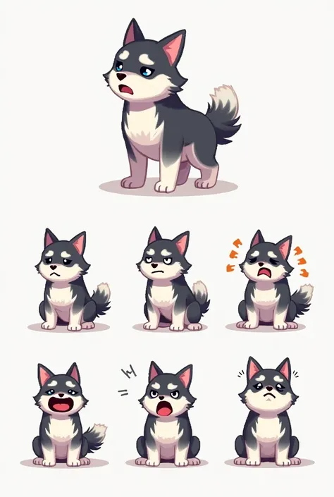 Make emotes of different emotions sad and angry too for a yt channel of a pixelated male husky
