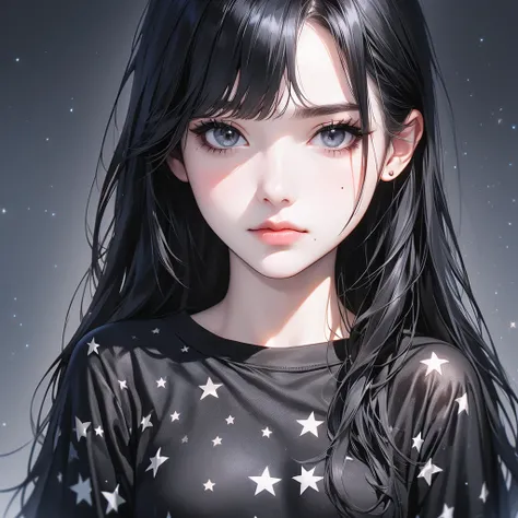 1girl, solo, black shirt, shirt, long hair, upper body, mole, t-shirt, black hair, grey background, looking at viewer, bangs, star (symbol), realistic, closed mouth, print shirt, lips, clothes writing