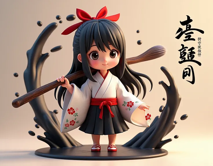 3D mascot chibi doll。Concept Art。null中に描いた墨の絵や文字を自在に操る能力を持った少女。Magical realism。背景に超巨大な太い黒の筆文字で“SEAART”とnull中に書かれている。A beautiful girl wearing a white kimono with black hakama and a red sash tied around her shoulders and under her arms like a harness.。Long, ...