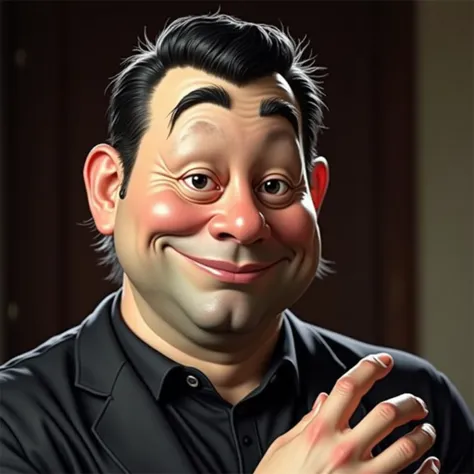 create, realistic full body portrait, exaggerated, caricature, a scary handsome man, black hair,, normal eyes, looking towards the viewer, with a sweet smile, This work captures the essence of the era, exudes nostalgia and vintage charm, retro clothing , s...