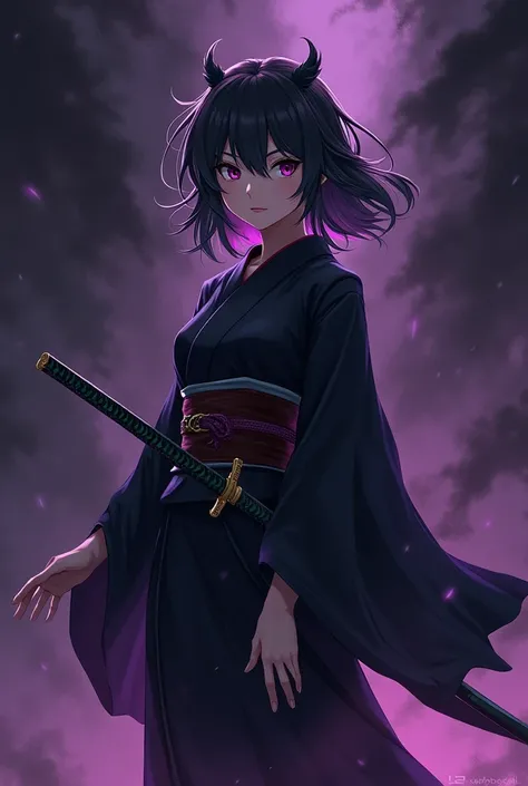 A Demon Slayer character, predominant colors purple and black, Woman, Oni Hunter, Katana at the waist, With anime features, Black kimono, More anime features