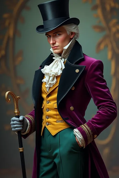 A man, light skin, silver white hair, blue eyes. He wears a black top hat paired with a tailcoat made of luxurious plum-colored velvet.. His pants are bottle green, a yellow vest and the gloves he wears are pearly gray, black cane with gold hook.