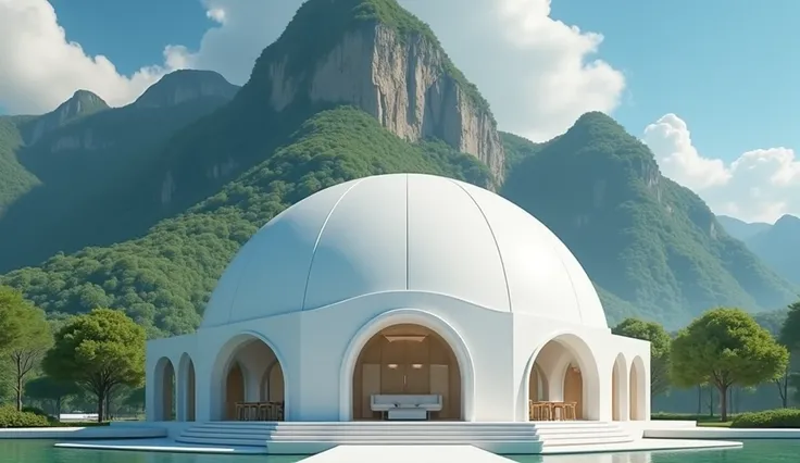 A state-of-the-art conference hall. Design a modern conference hall based on the image below. The roof of the conference hall is a dome. The hall is circular. The wall is straight. It is at the foot of a mountain with a large green forest. It has a sparkli...