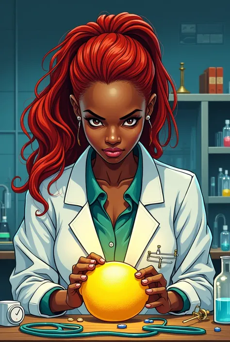 Illustration of a black female scientist with red wavy hair making an electric battery out of lemon 