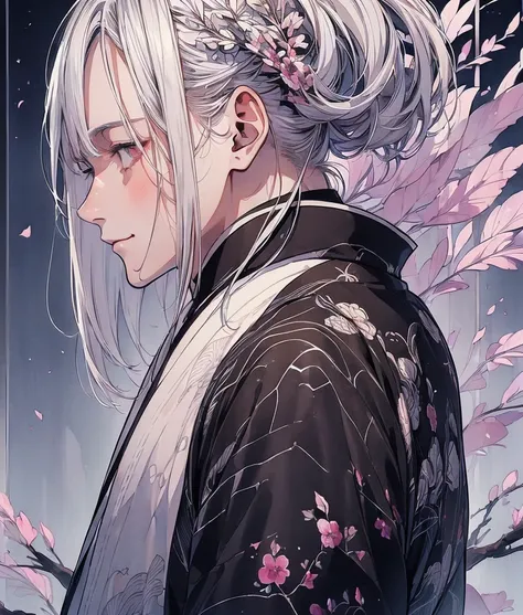 (Beautiful young adult man:1.5), silver hair, shoulder-length hair, male kimono, slit-eyes, Cool, Handsome,(adult:1.3),(front view:1.4),High quality,transparent watercolor,amount of drawing,gallant,eye-level shot,(narrow face:1.4),lean muscular,tall,blush,...