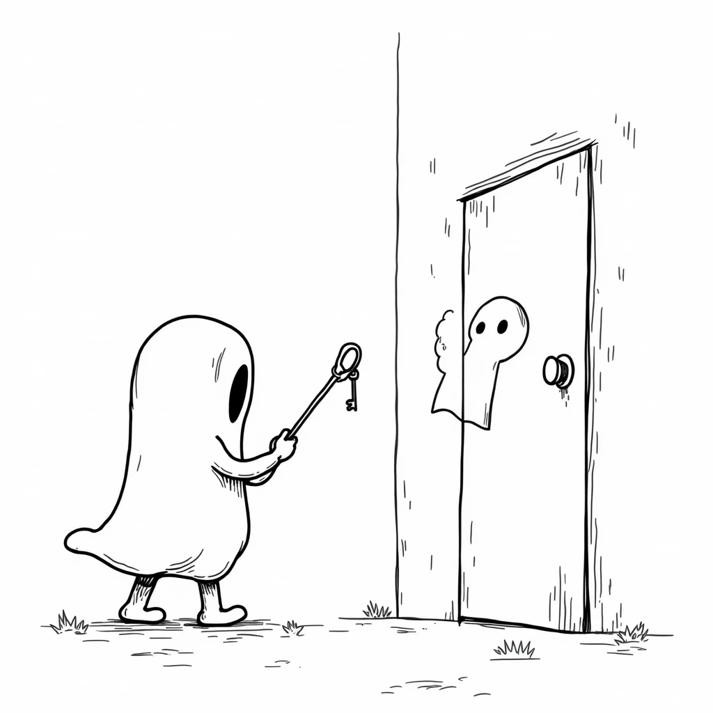 Create a high-resolution, enchanting digital coloring page featuring an illustrated spooky holding a key, poised to open a door. On the other side of the door, portray a ghostly cloud eagerly awaiting the conversation. This heartening, thought-provoking il...