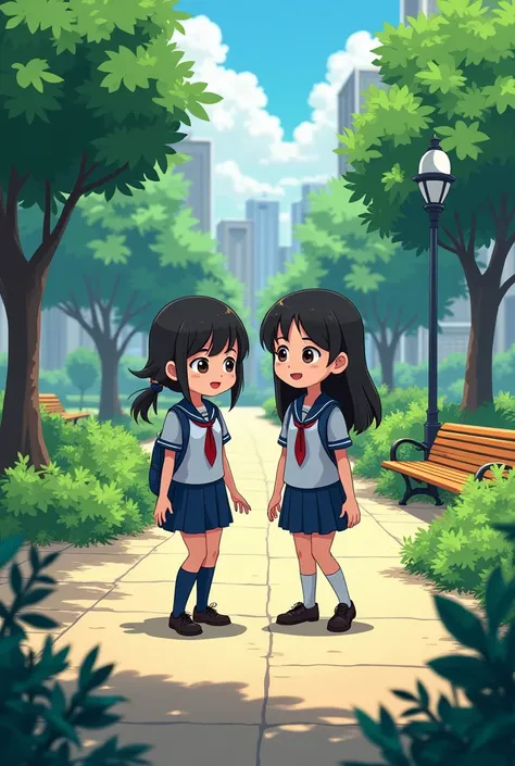 Cartoon animation two #dark faced  wearing school uniform in city park