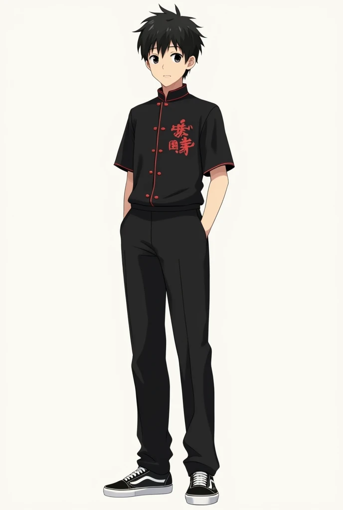 Black restaurant long sleeve  uniform with red Chinese A Fullbody Picture Of A Really Tall Short black haired anime boy with black eyes wearing a Gakuran collar with black pants, and vans old school shoes